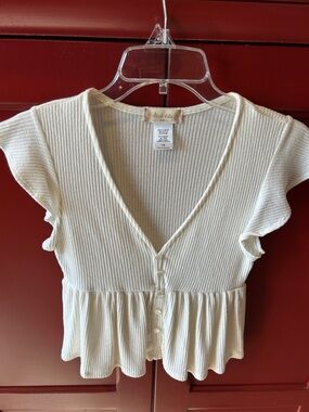 Altar'd State Cream Ribbed V-Neck Peplum Button Blouse - Size XS